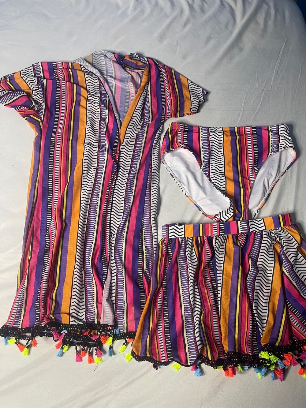 Woman’s  Striped Multi-Color One-Piece Cover-Up with Matching Skirt and Bikini